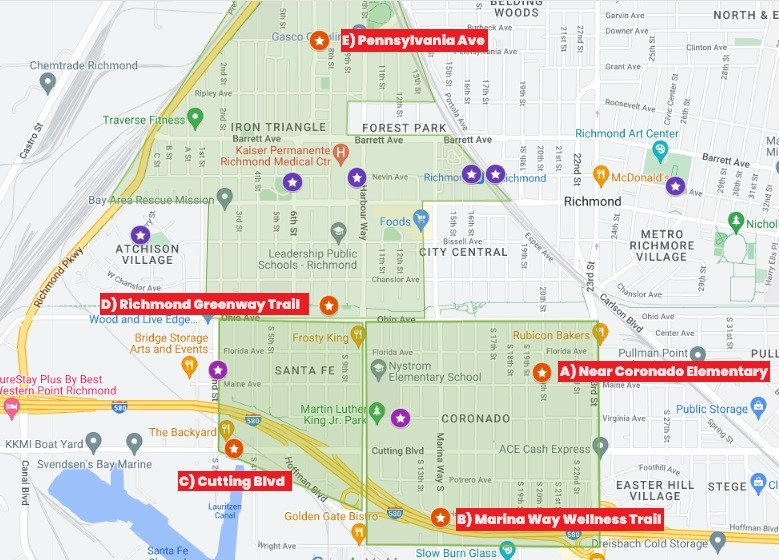 2024 June 06 Marina Bay Beacon Business News Vote on New Bike Hubs in Richmond proposed location map.png