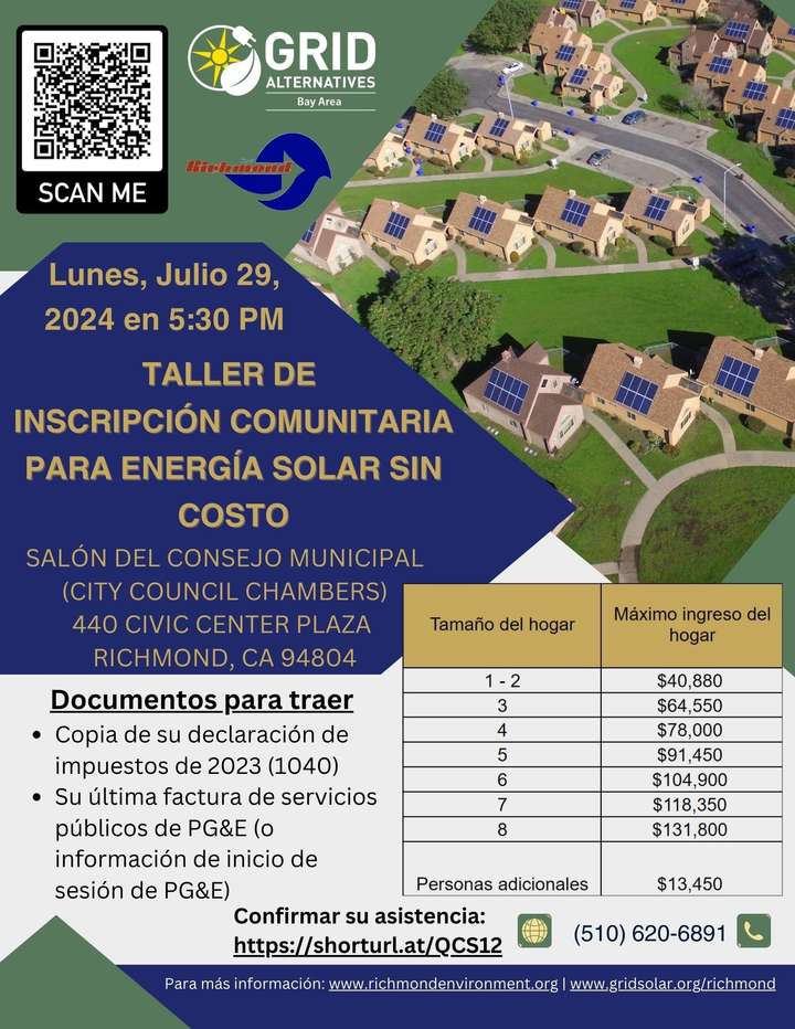 2024 July 15 Marina Bay Beacon News Free Solar Workshop event flier Spanish